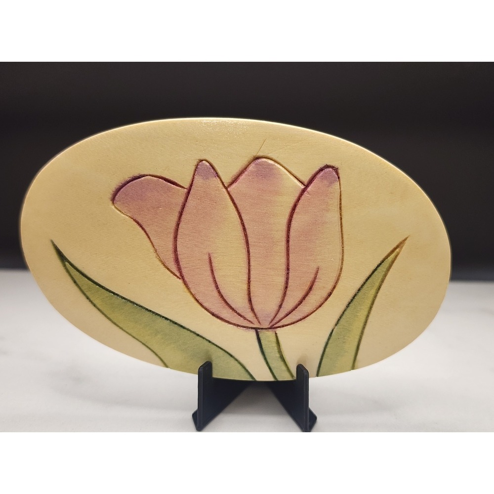 Vintage Hand Tooled Leather Tulip Belt Buckle Oval Floral Pink Green Boho Art